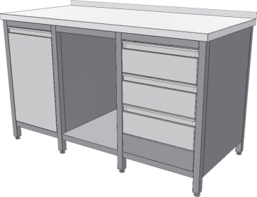 KSPZVK - Pracovní stůl s policí, blokem tří zásuvek a výklopným košem